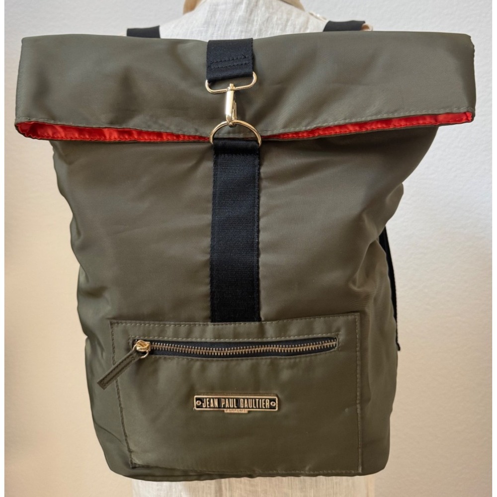 Jean Paul Gaultier Olive Green Black Roll-Top Backpack Orange Interior